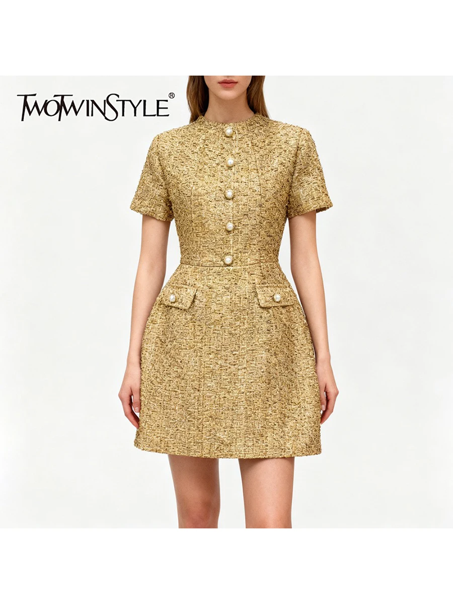 TWOTWINSTYLE Solid Slimming Spliced Buttons Elegant Dresses for Women Round Enck Short Sleeves High Waist Mini Dress Female New