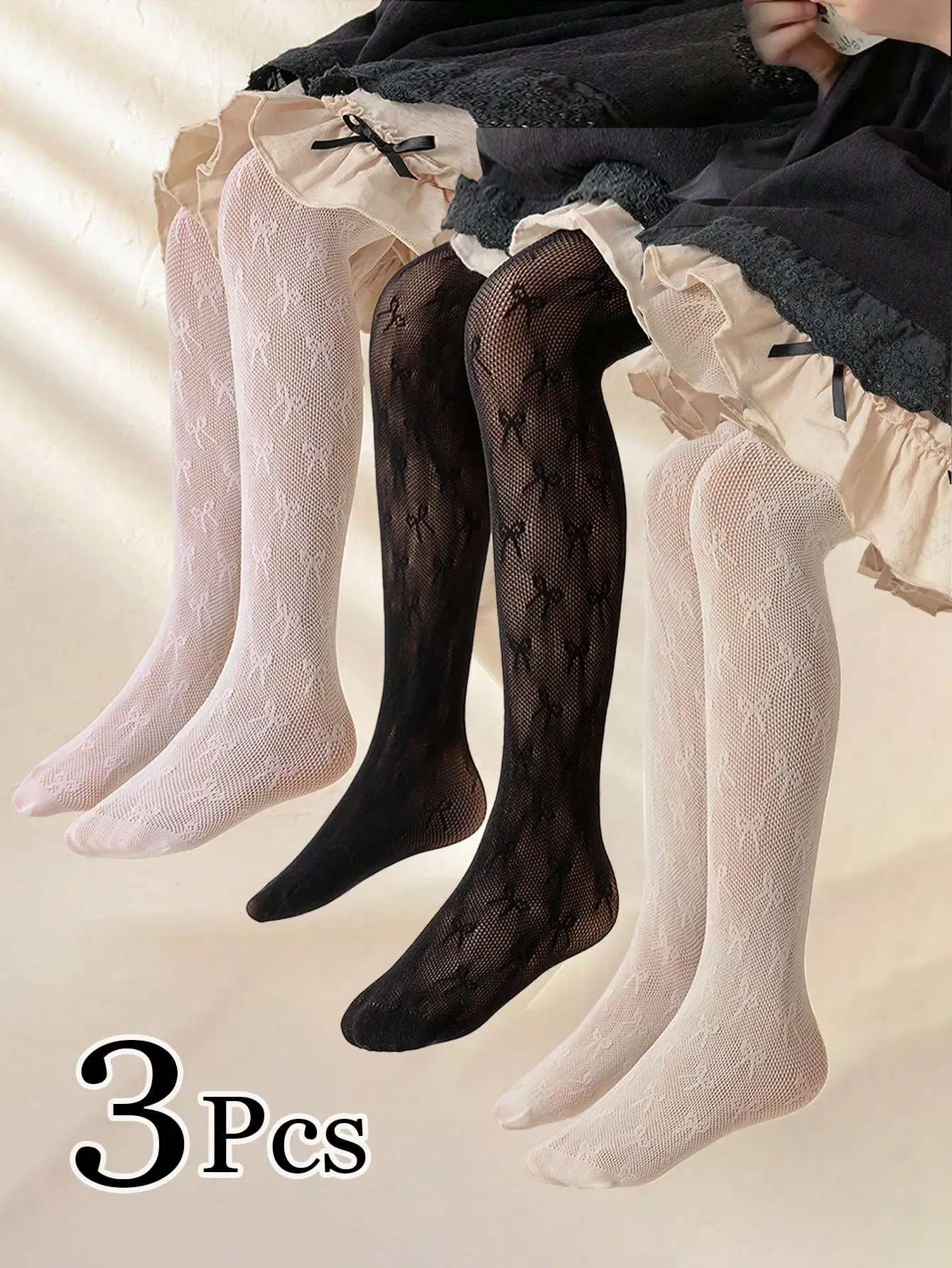 3Pcs Kids Girls Tights Summer Thin Mesh Bow Jacquard Hollow Pantyhose Lolita Princess Breathable Skin‑friendly Children Stocking