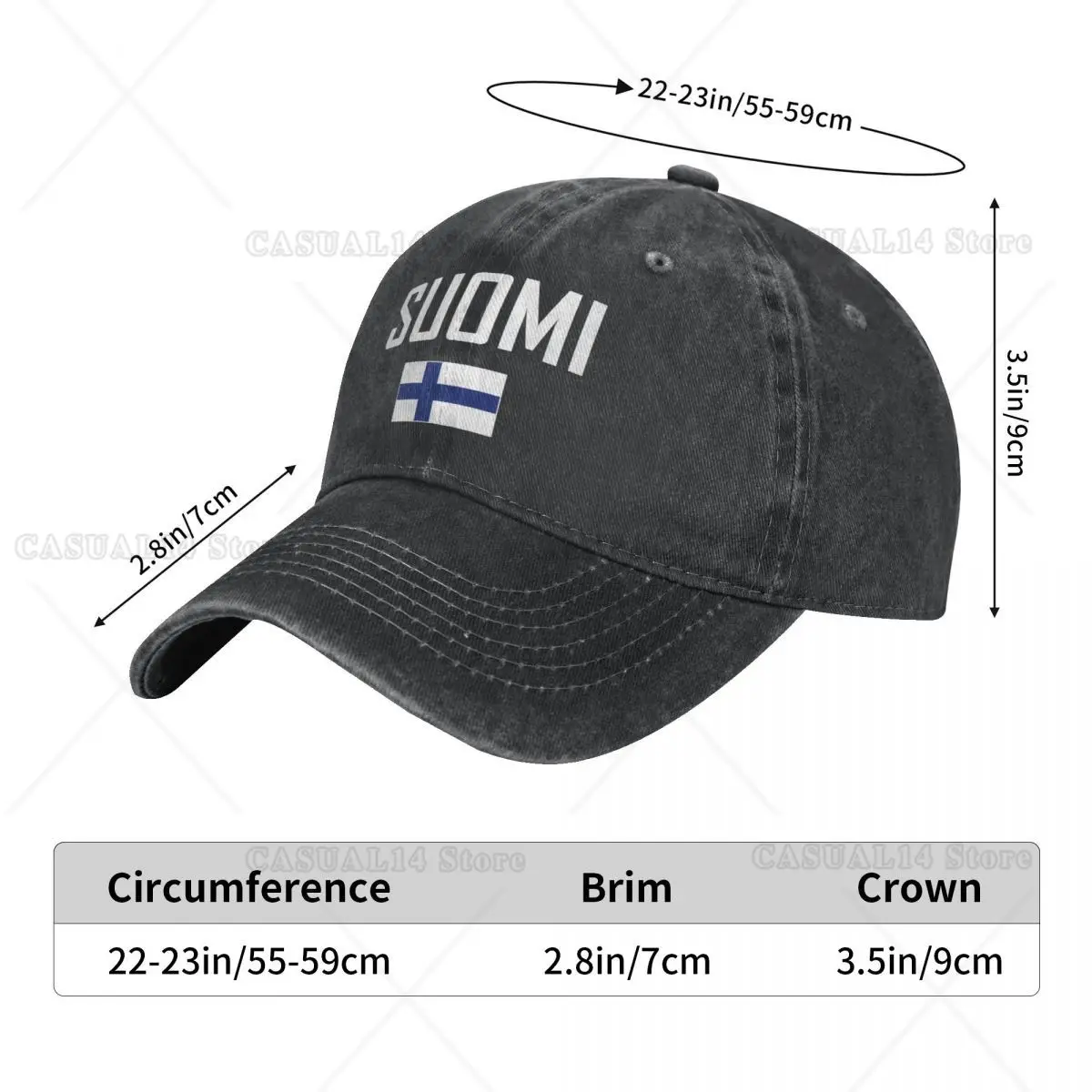 Men Baseball Cap Finland SUOMI Flag and Font Charcoal Washed Denim Classic Vintage Cotton Dad Trucker Hat Unisex Adult