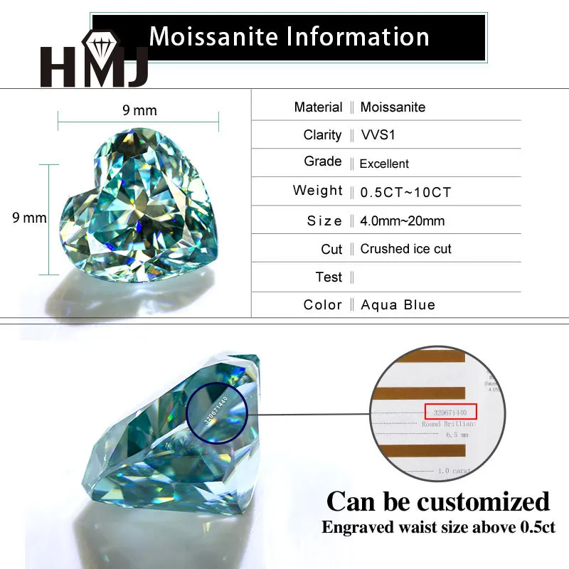 

Aqua Blue Moissanite Heart cut 1ct Diamond GRA for Jewelry Color Lab Grown diy charms jewelry making