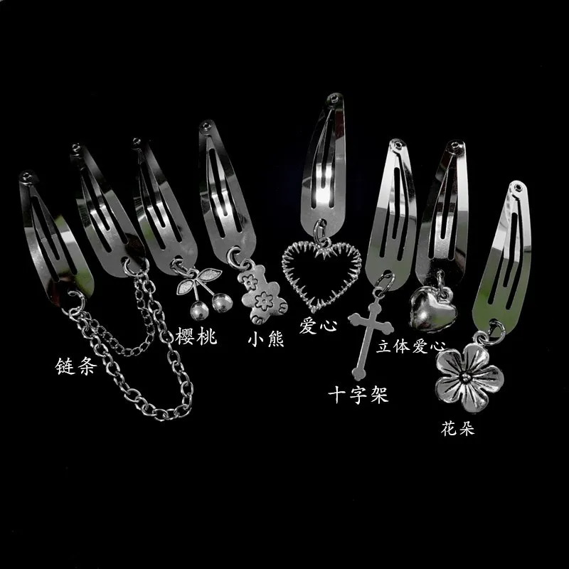 New Fashion Punk Hair Card Silver Metal Edge Clip Cherry Cross Love Flower Chain Hairpins One Word Clip Women's Headdress