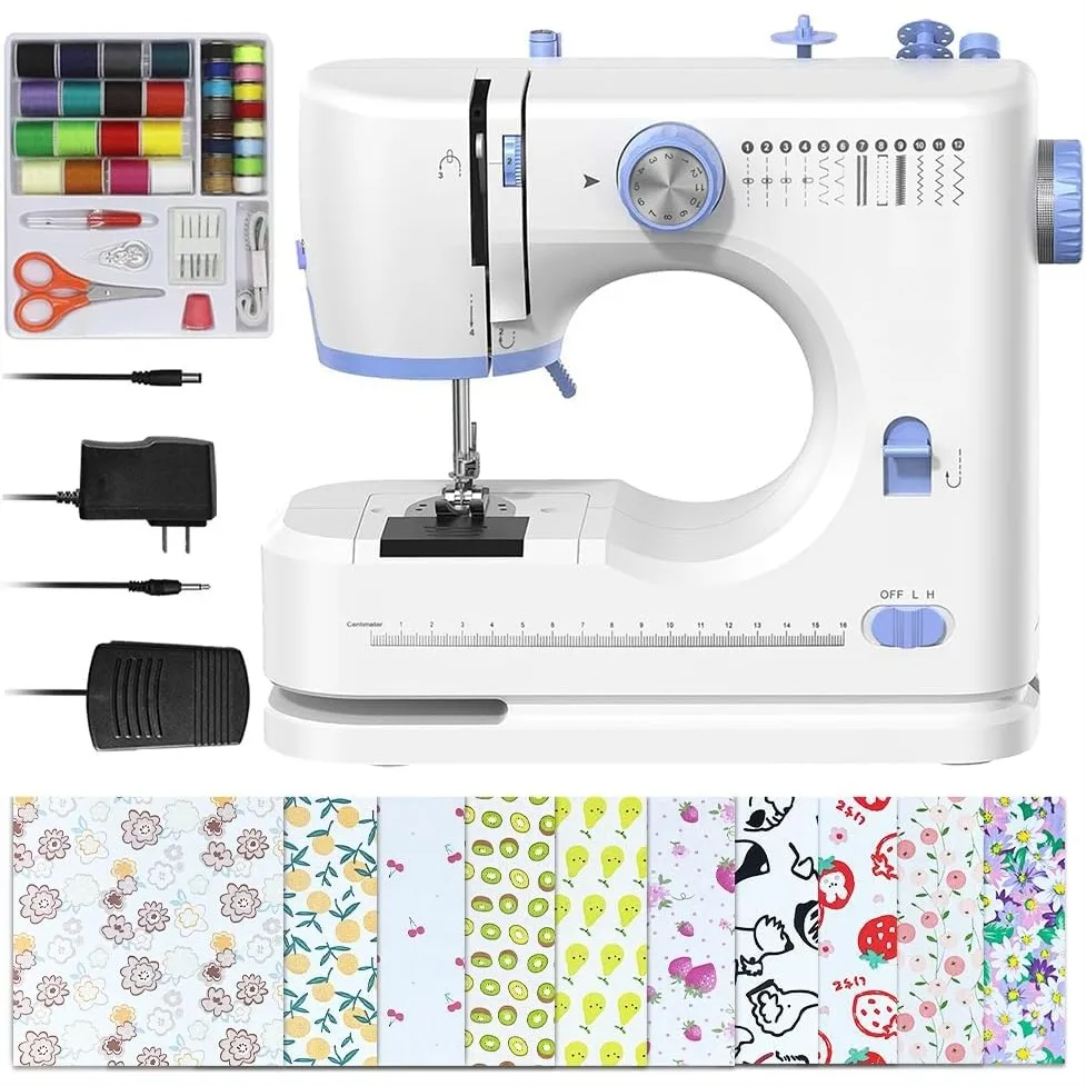 

Portable Sewing Machine for Beginners with 12 Stitches & 2 Speeds, Includes 20 Fabric Pieces & 32 Threads, Blue White