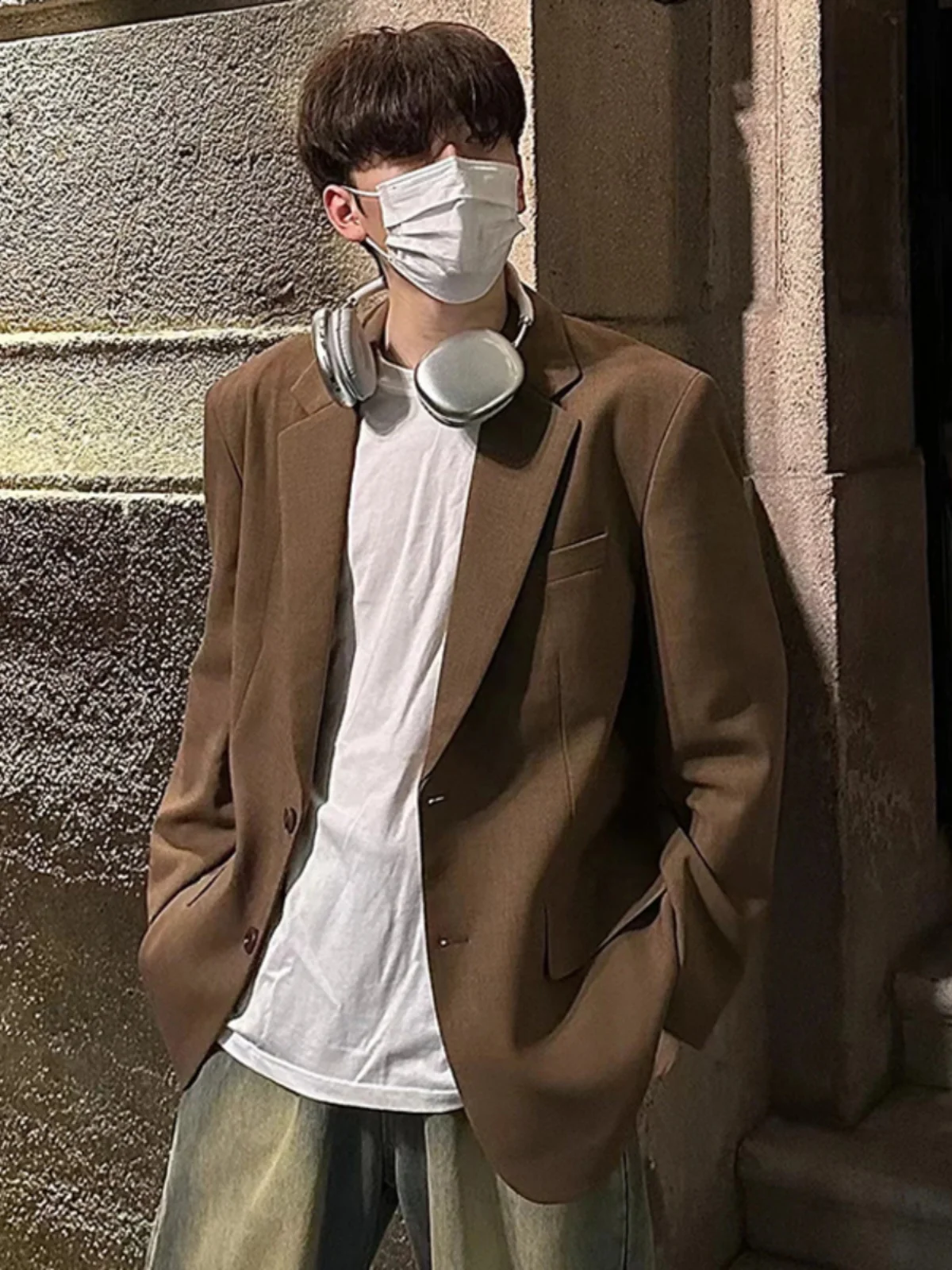 

Naples Coffee Color Men's Spring Autumn Suit Jacket Casual Style Long Sleeve Loose Fit round Hemline No Pocket Single Button