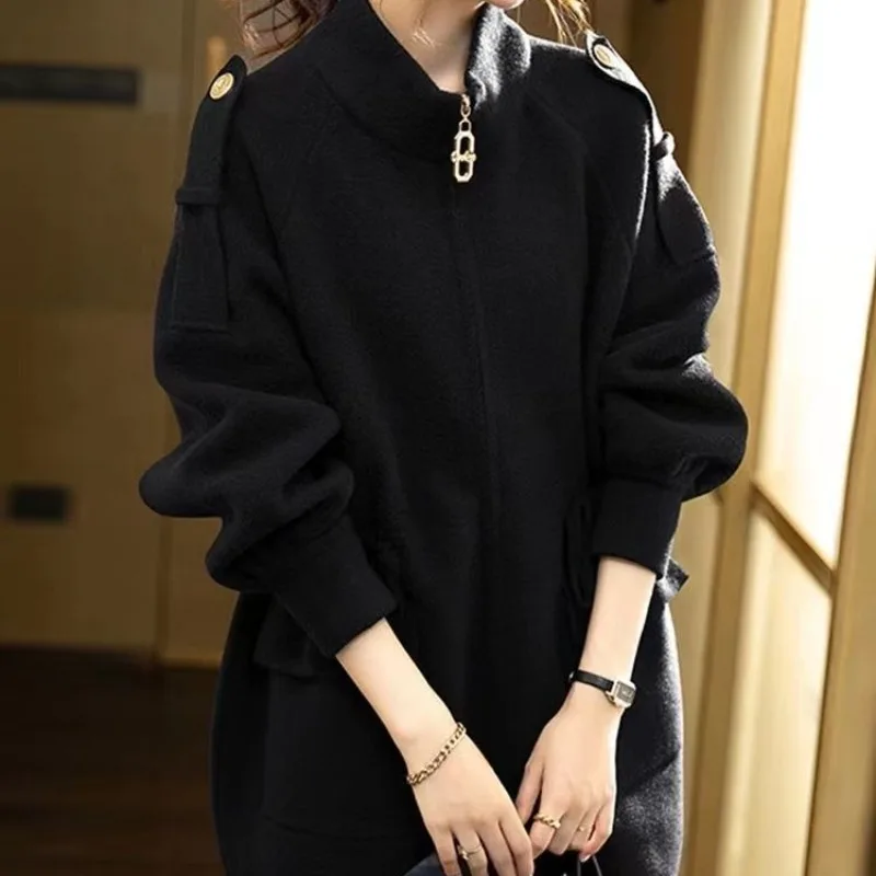 Women Blend Vintage Stand French Style Loose Fashionable Woolen Coats Elegant Casual Streetwear Outwear Ulzzang Casacas Chic