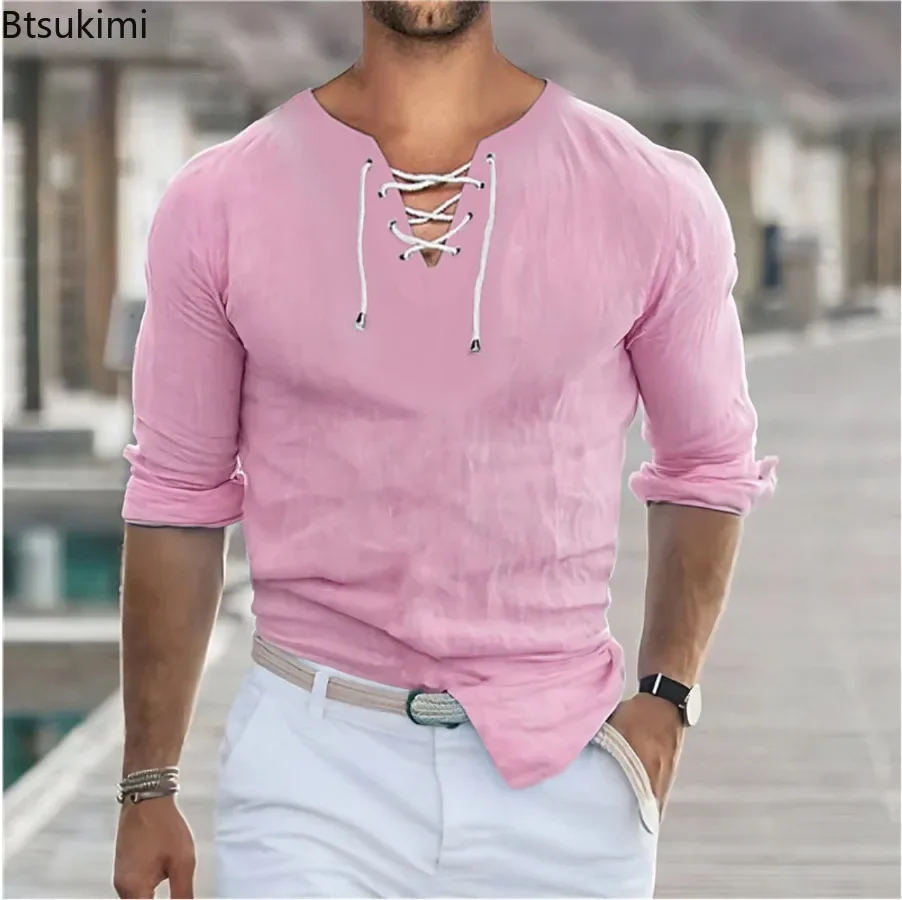 2024 Hot Sale New Men's Solid Simple Long Sleeve Shirts Fashion Lace-up V-neck Casual Sport Tops Plain Versatile T-shirt for Men