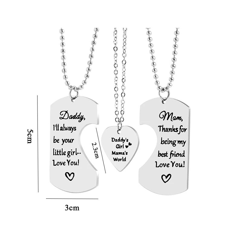 3 PCS Daddy Mom Girl Matching Necklace Set Stainless Steel Father Mother Daughter Necklaces Family Jewelry Gifts