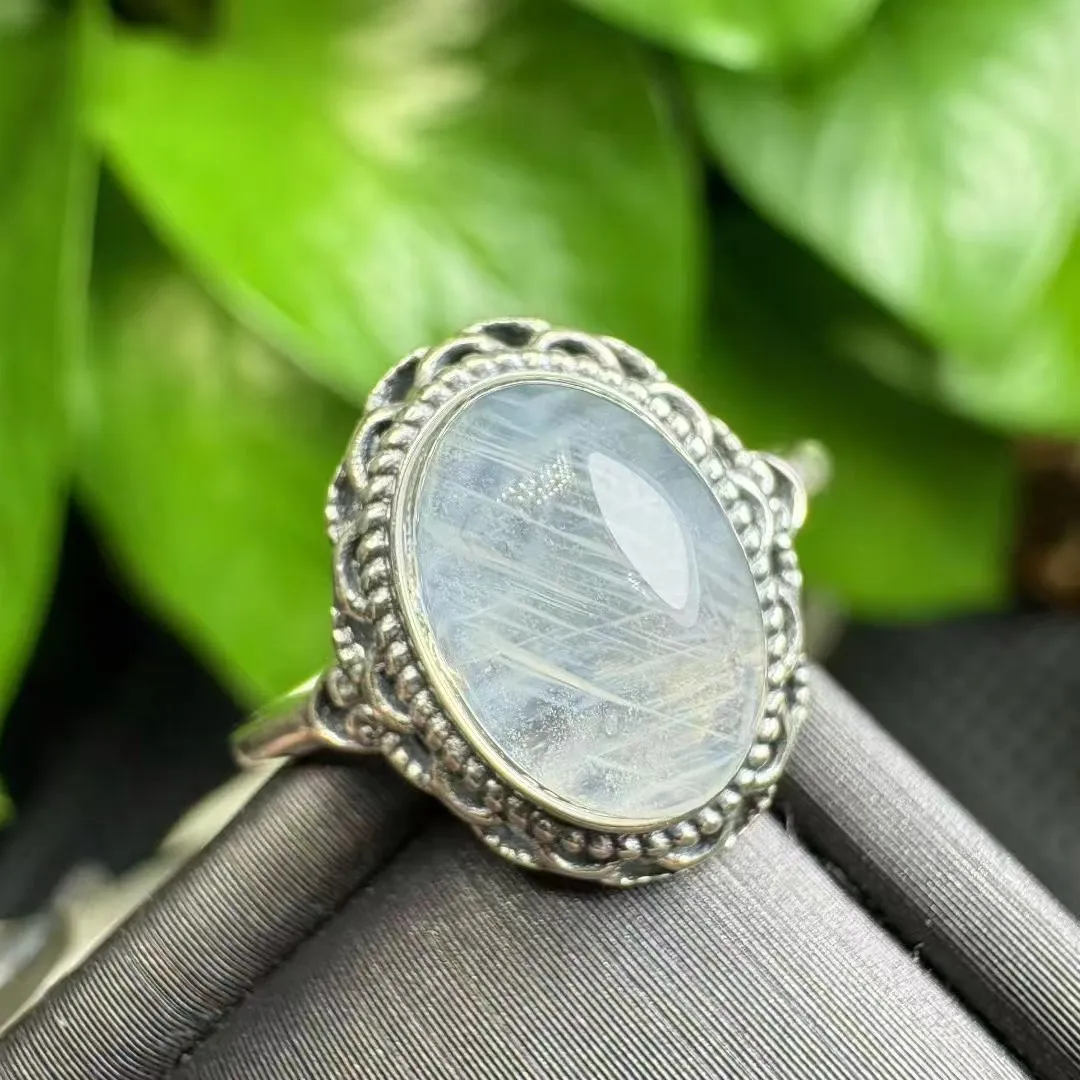 

1 Pc Fengbaowu Natural Blue Feather Needle Blue Rutilated Quartz Ring Angel Feather Oval Cabochon 925 Sterling Silver