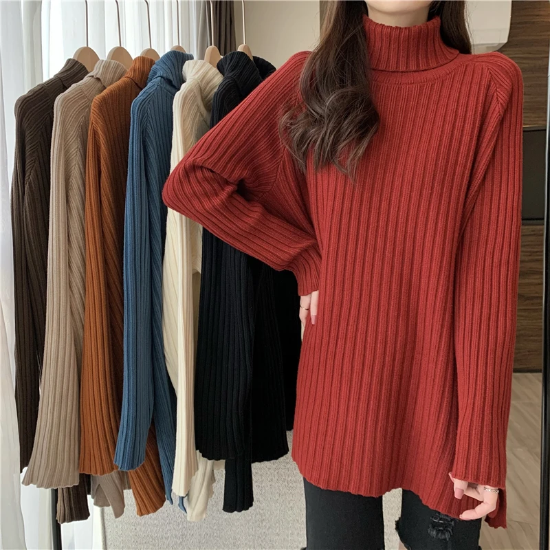 Y2K Turtleneck sweater women\'s spring 2024 new straight tube loose pullover long knitted sweater long sleeve Clothing top Female