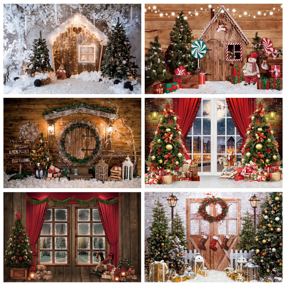 

Winter Christmas Photo Backdrop Shiny Wood Cabin Cartoon Forest Snowscape Pine Trees Child Shoot Party Photography Background