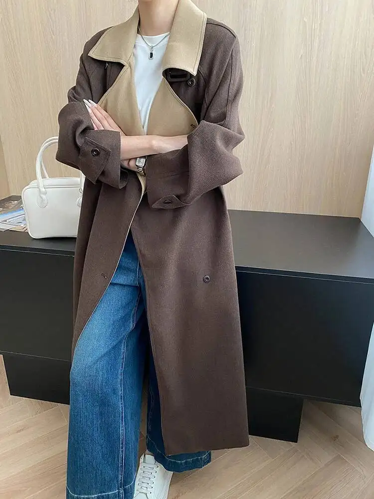 TLXT أنيقة المرأة التباين اللون خندق غير النظامية مزدوجة الصدر حزام تجمع الخصر سترة واقية موضة خريف جديد 2025 #5