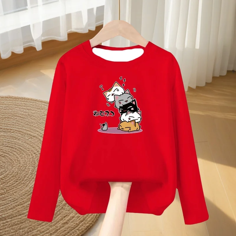

MOTO-Spring and Autumn T-shirt Human Pyramid Cat Cartoon Long Sleeve Top
