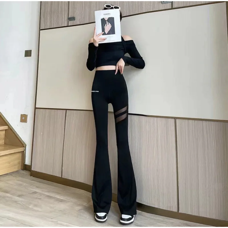 

New Pocket Lace Mesh Base Yoga Pants High Waist High Elastic Simple and Breathable All-Match Bootcut Trousers Summer