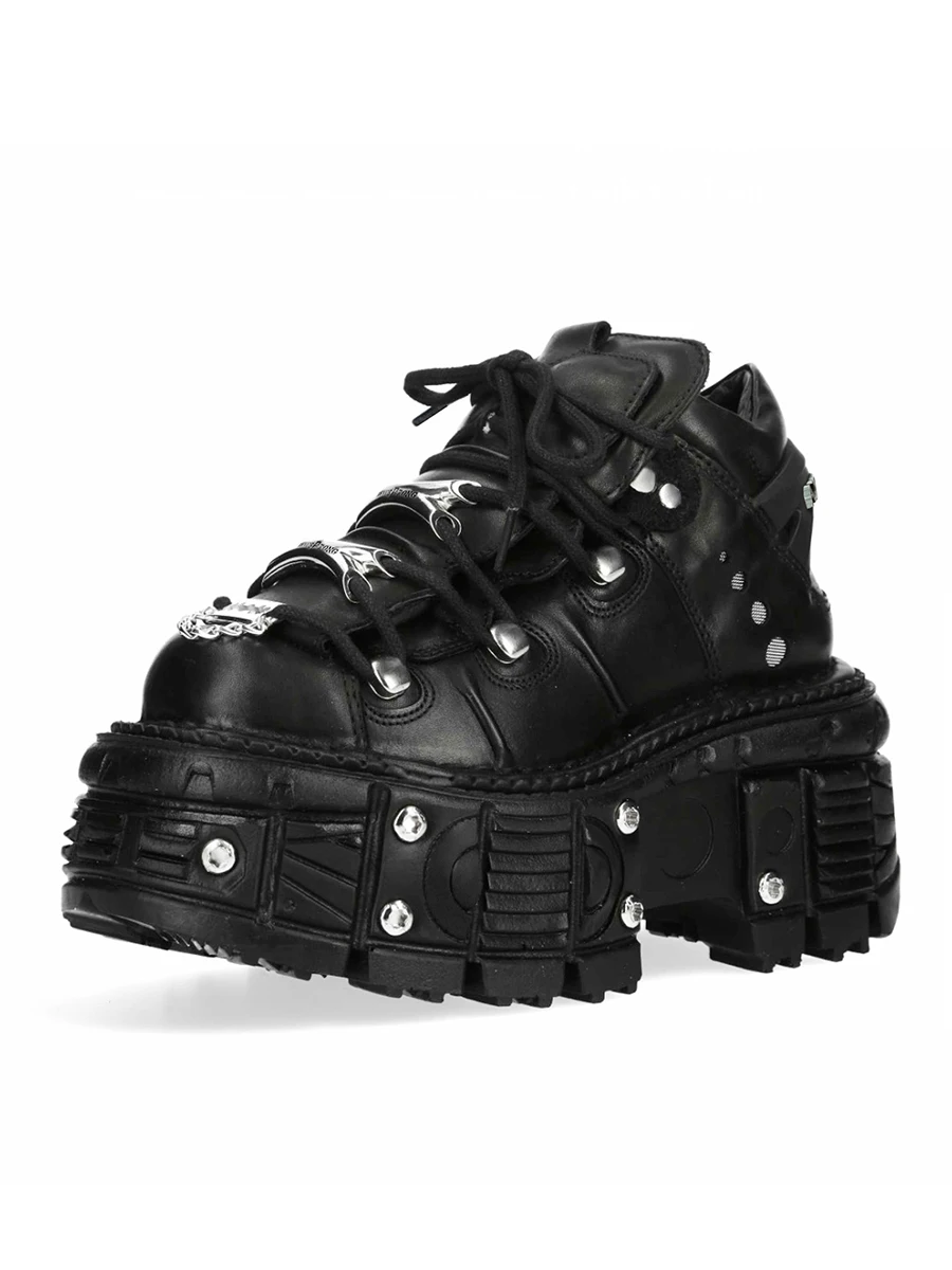 

Women Tank Sole Autumn New Street Style Punk Rock Lace Up Pumps Black Fashion Motorcycle Boots