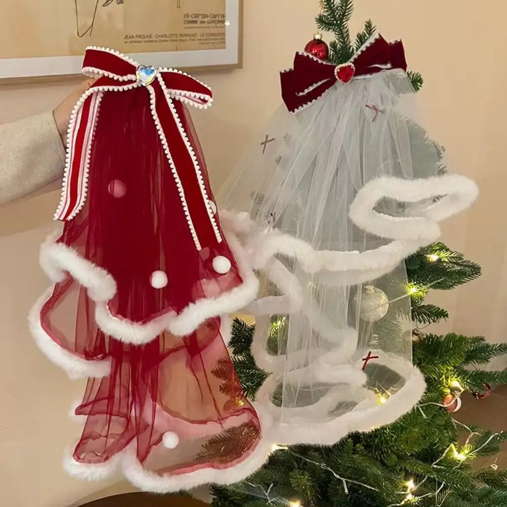 

Bowknot Long Velvet Bow Veil Heart Bride's White Headgear Wedding veil Romantic Christmas Hair Accessories Bridal Headdress