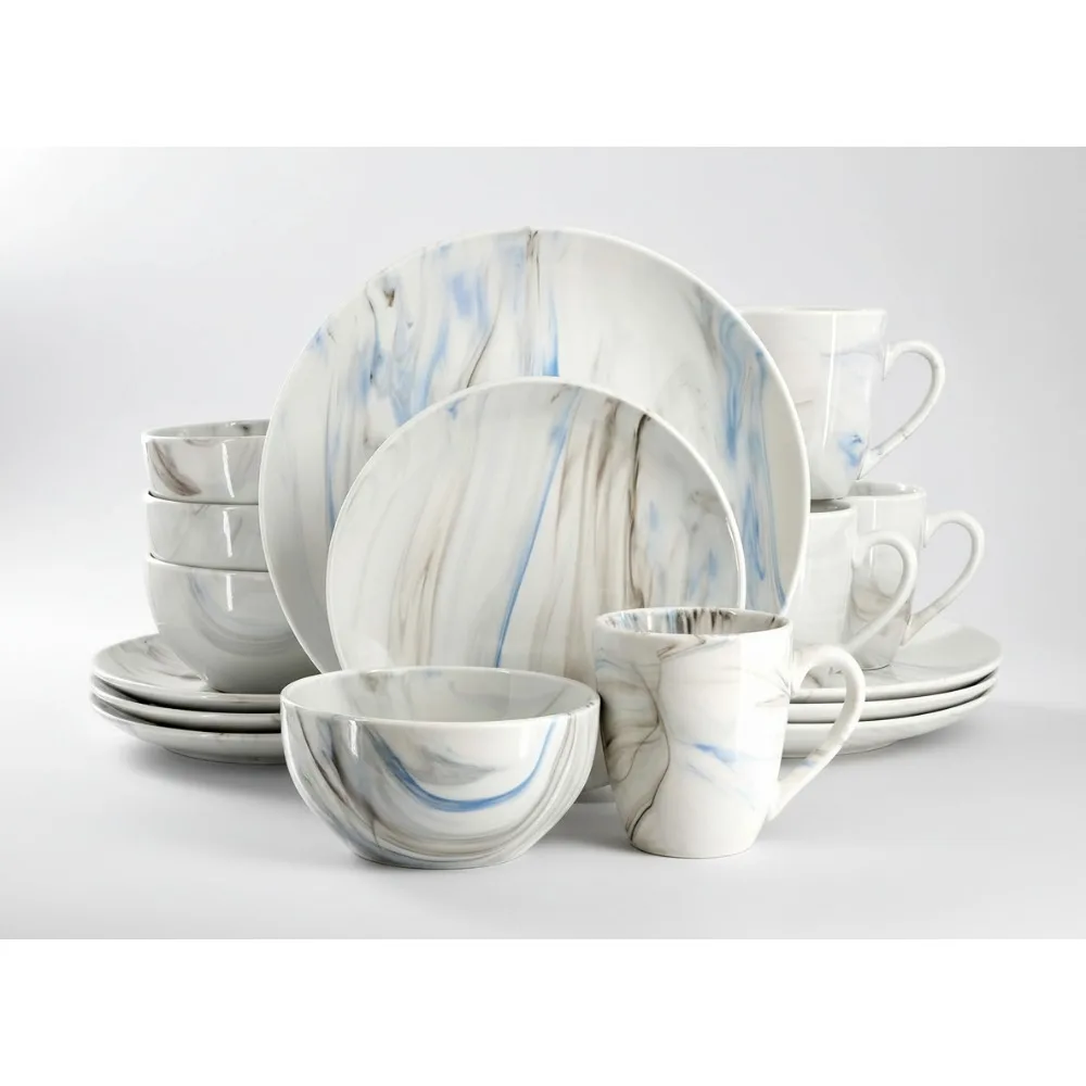 

16-Piece Porcelain Dinnerware Set, Marble Pattern, Service for 4, Dishwasher Safe Blue/Gray Tableware