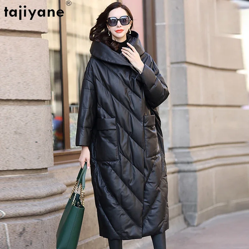 

Tajiyane 90% White Duck Down Coat Women 2023 Hooded Genuine Sheepskin Leather Jackets Loose Long Parkas Chaqueta De Cuero Mujer