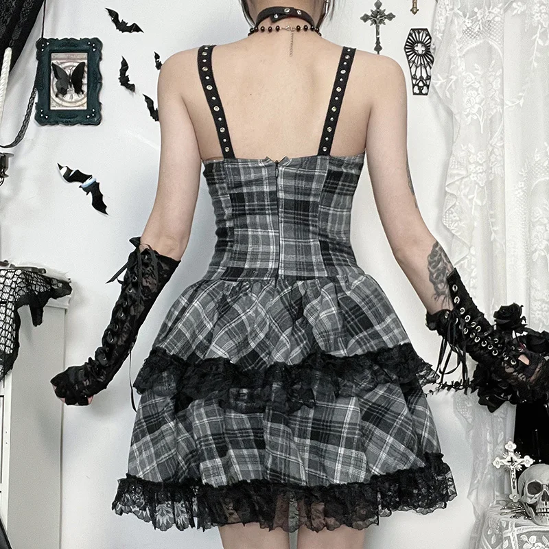 Y2K Goth Grey Plaid Lace Trim Mini abito Estetico sexy senza maniche Backless Lace-up A-Line Abito corto Donna Moda estiva
