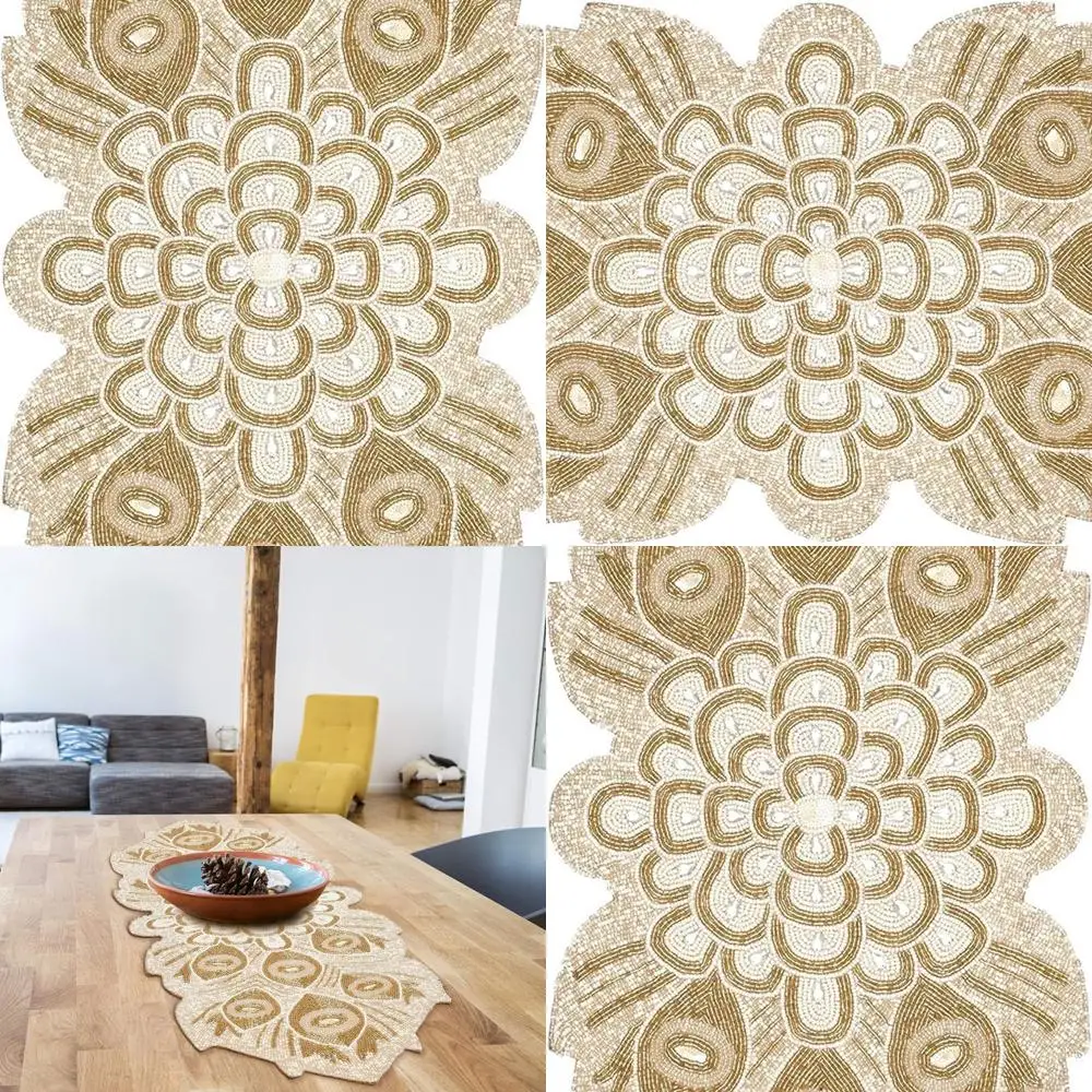 

Ivory & Gold Peacock Beaded Table Runner, 36x13 Inches, Perfect for Thanksgiving & Christmas, Rustic Bridal Shower Decor