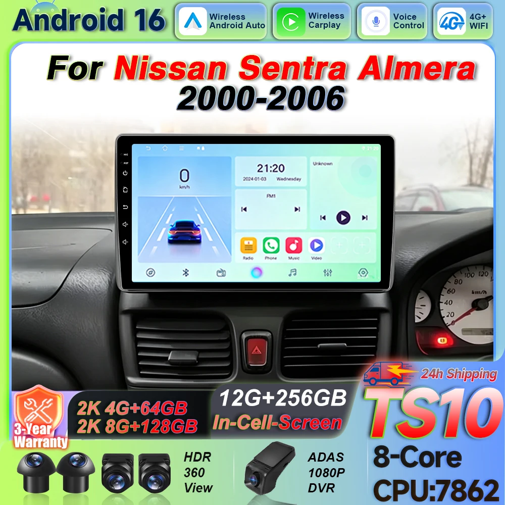 Radio para Auto con Android Auto y Carplay para Nissan Sentra Almera 2000 2001 2002 2003 2004 - 2012 Reproductor Multimedia Navegación Wifi Estéreo
