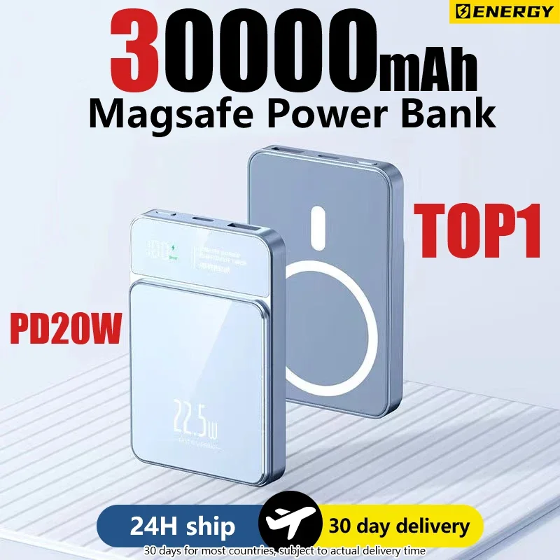 PowerBank 2 in1 30000mAh Magnetic Qi Wireless Charger Power Bank 22.5W Mini Powerbank For iPhone Samsung Huawei Fast Charging