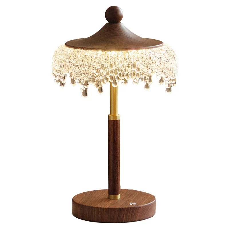 

French antique bedroom bedside table lamp water drop retro walnut color high-end room study decorative table lamp