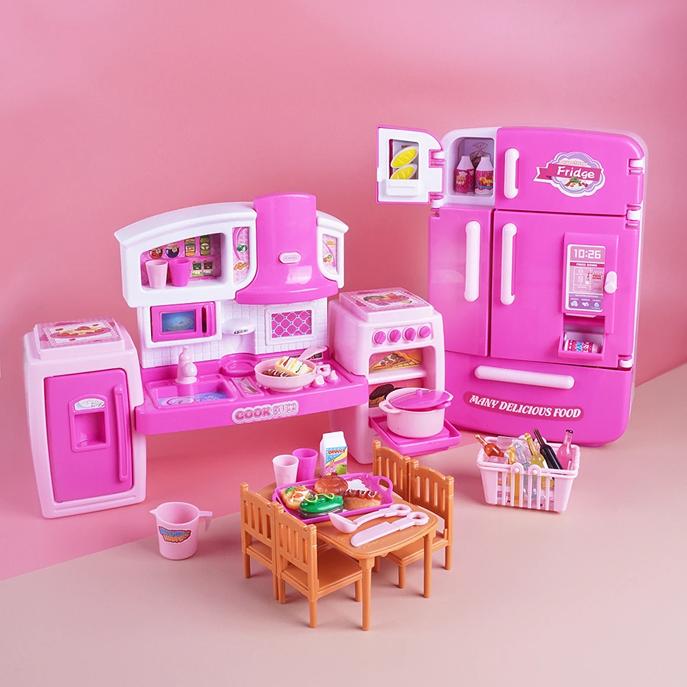 

2в1 Кухонные игрушки Двухдверный холодильник Мини-набор для приготовления пищи Настоящая духовка Реалистичные блюда Розовый с музыкой и подсветкой Подарок ребенку