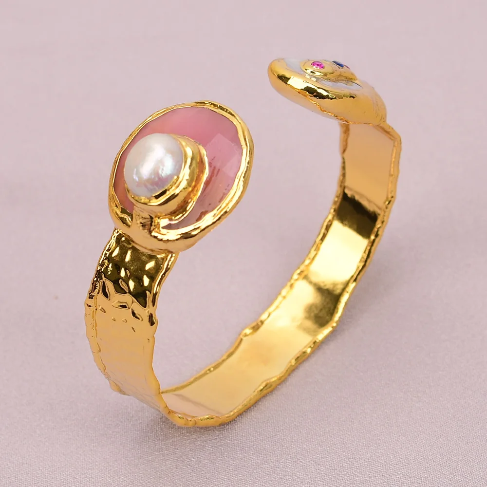 G-G Natural White Keshi Pearl Pink Cat eye Mix Crystal Gold Plated Bangle Cuff Bracelet