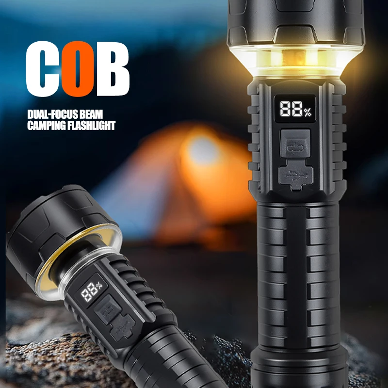 مصباح LED عالي الطاقة، مصباح يدوي COB قوي من النوع C قابل لإعادة الشحن مع شعلة عرض الطاقة للتخييم في الهواء الطلق والمشي لمسافات طويلة #4