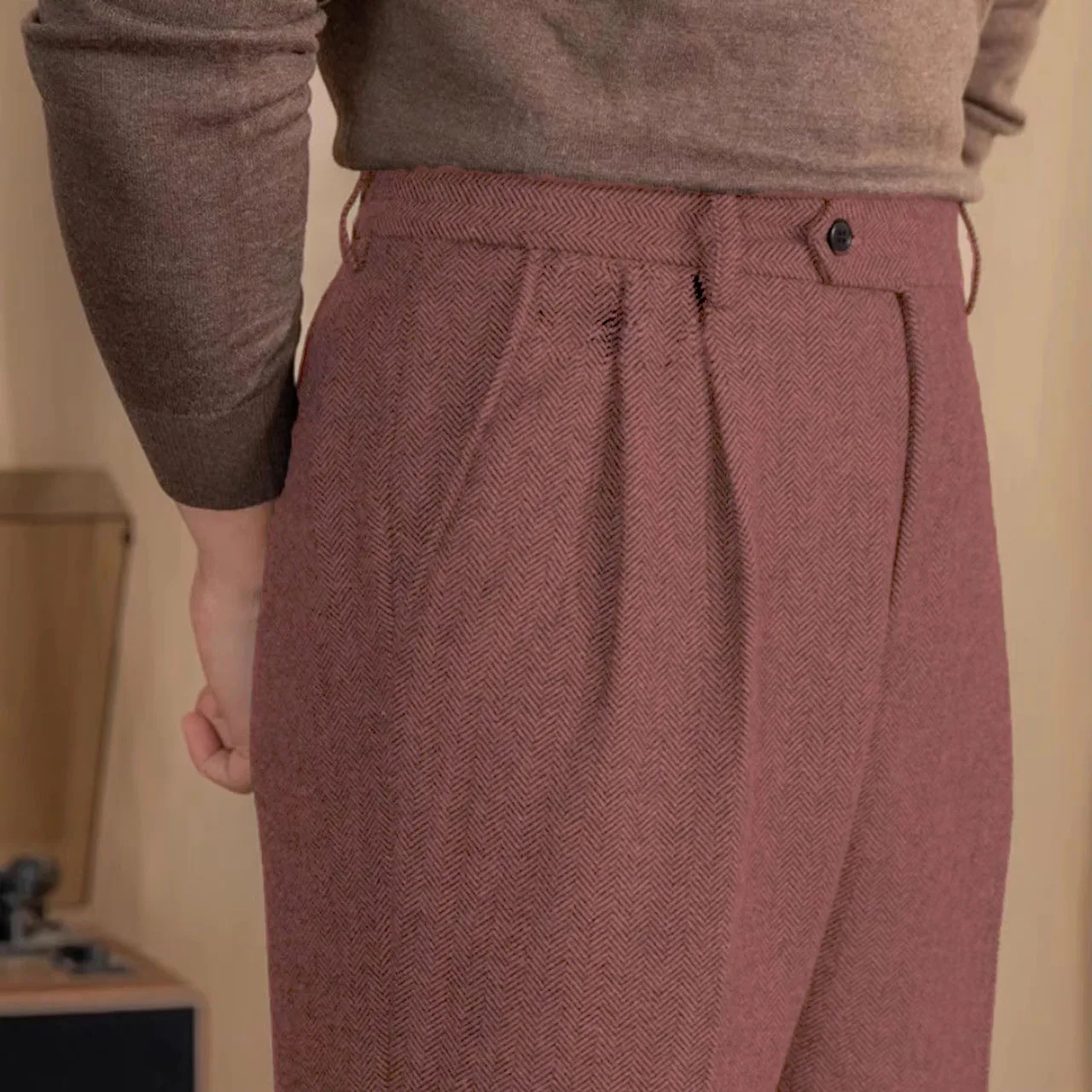 Italian Vintage Suit Pant For Men Autumn Winter Wool Herringbone Pattern Straight Trousers British Style Business Casual Pants