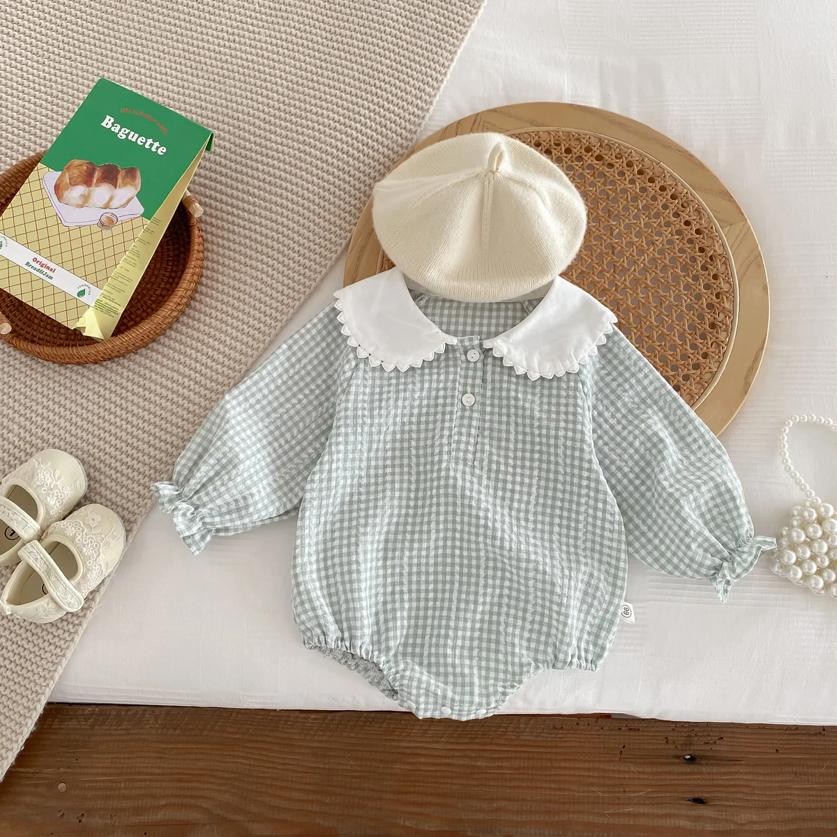 Ready Stock Newborn Jumpsuit Baby Girls Peter Pan Collar Drawstring Long Sleeves Elegant Check Romper 0-2yrs