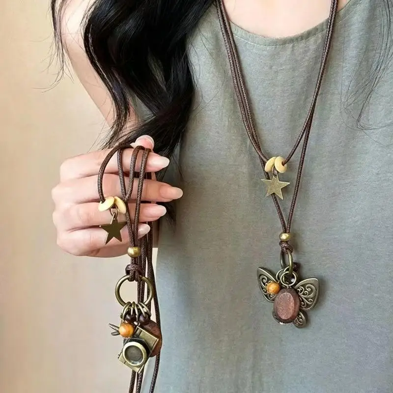 Vintage Boho Long Necklace with Bronze Star Butterfly Camera Charms Exquisite Accessory for Wedding Guest Outfits