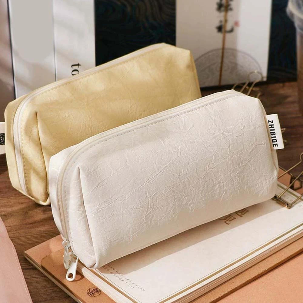 

Desktop Storage Leather Stationery Bag Korean Style Cream White Yellow Big Pencil Bag Aesthetic Large Capacity INS Pencil Pouch