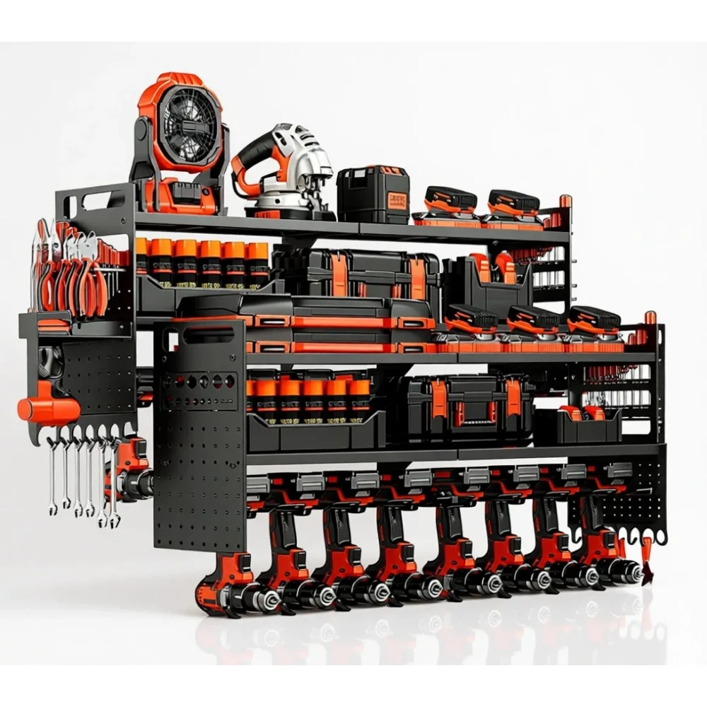Organizador de herramientas grande para montaje en pared con 18 soportes para taladros, 3 niveles, resistente, capacidad de 600 lb, para almacenamiento en garaje o taller.