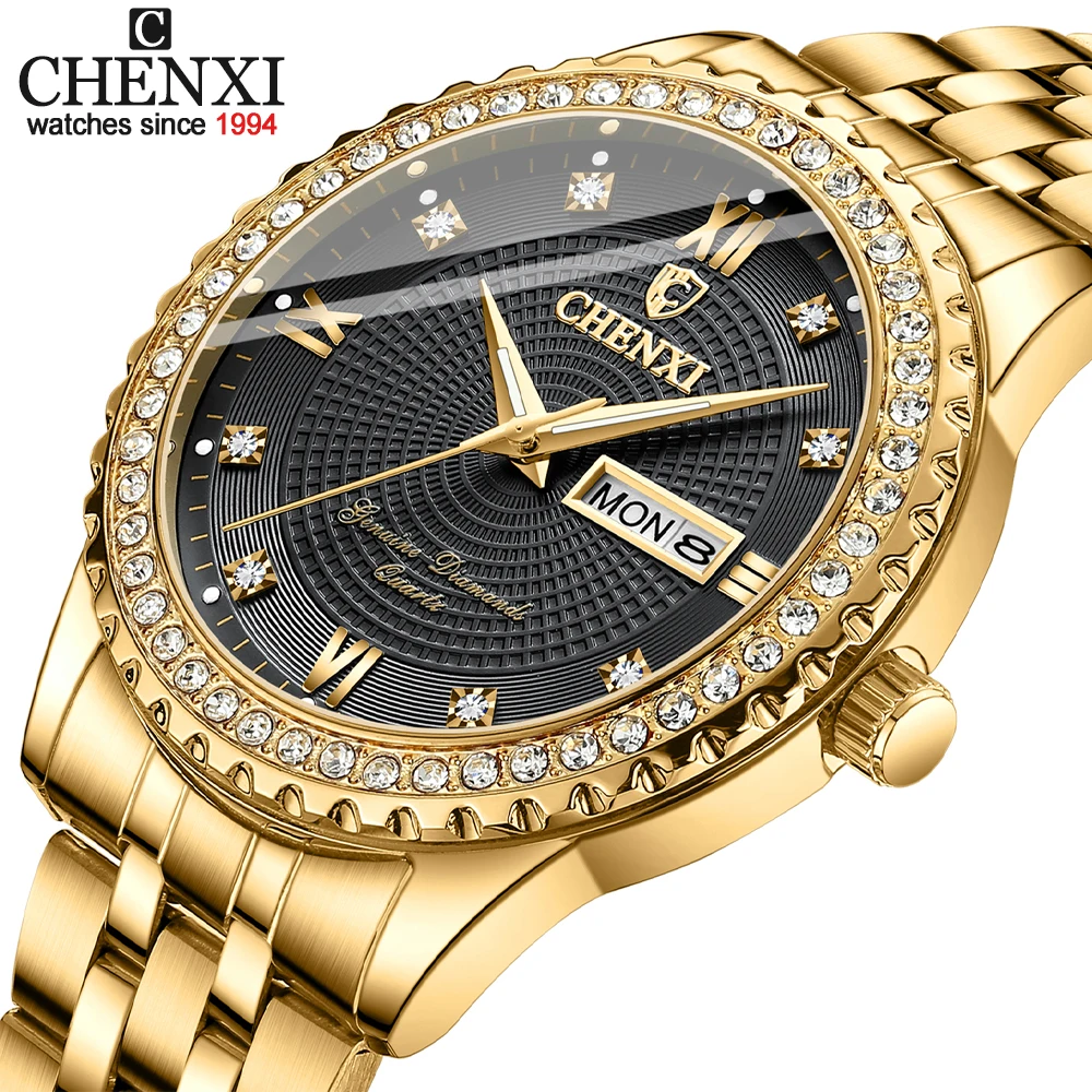 

CHENXI Top Brand Watch Men Luxury Diamond Gold Watches Stainless Steel Band Auto Date Quartz Wristwatches Men Reloj Hombre 2023