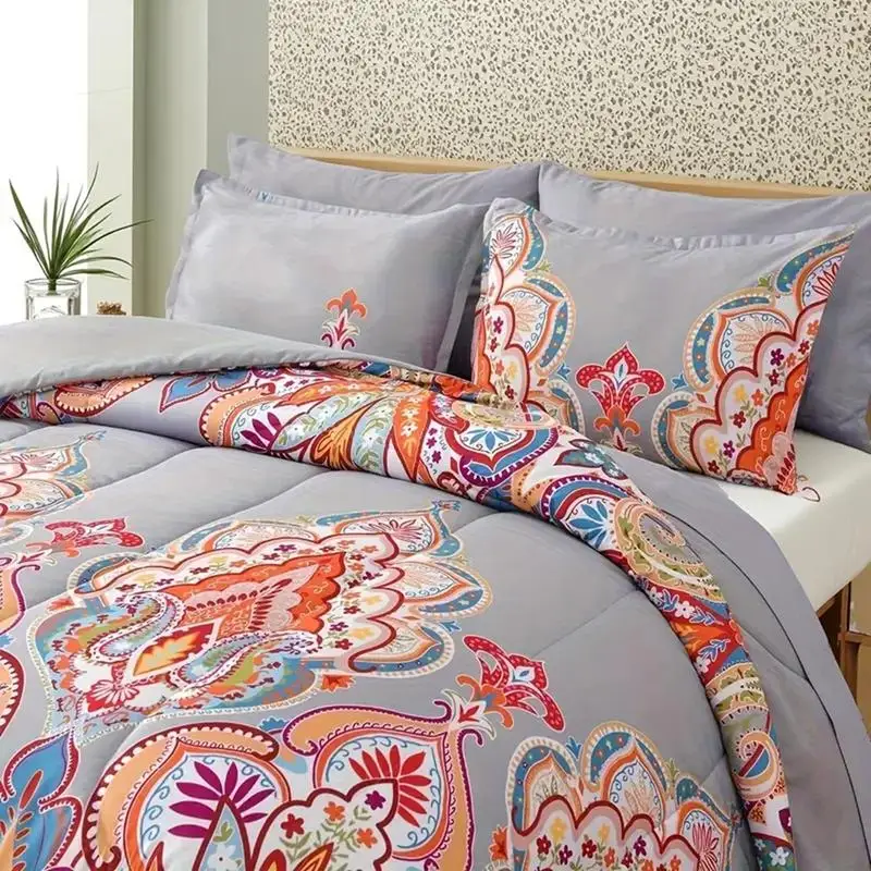 

Boho Gray King Comforter Set with Rainbow Floral Design - 3 Piece Bedding Collection for Stylish Home Decor