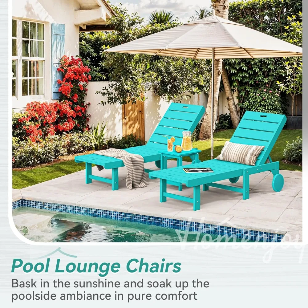 Chaise Lounge Chair Outdoor with Table, 3-Piece, for Outside, Poolside, Beach, Patio Lounge Chair with Wheels