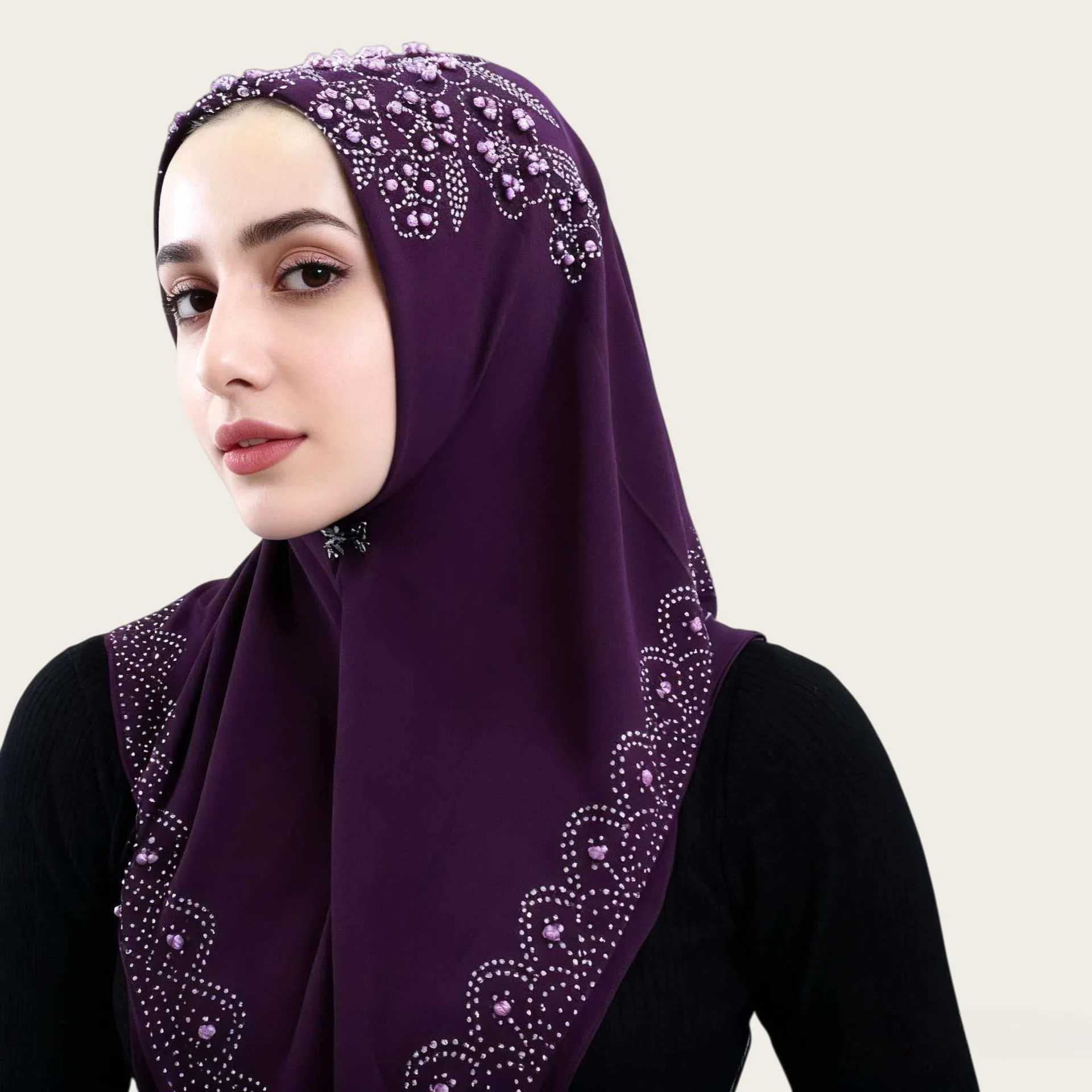 

2026 Fashion Muslim Women's Hijabs Beading Africa Ethnic Headscarf Purple White Scarf Dubai Saudi Head Wear Hat Hijab 95X95CM