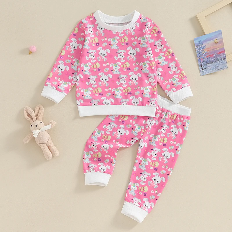 

Toddler Baby Girl Easter Outfit Long Sleeve Bunny Egg Floral Print Crewneck Sweatshirt Pants 2Pcs Set