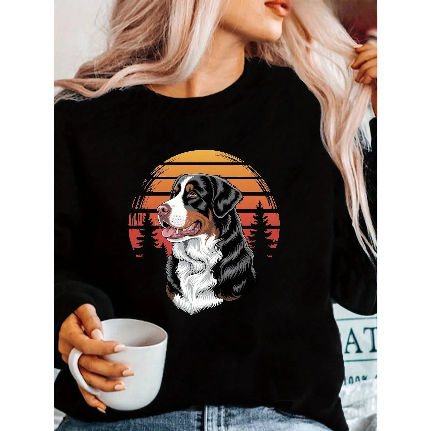 

Bernese Mountain Dog Sweatshirt Unisex Dog Lover Graphic Pullover Retro Sunset Pet Owner Nature Cotton Top Puppy Gift