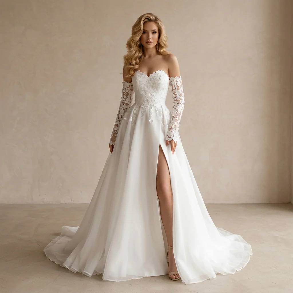 Vestido De Novia Long Lace Sleeve A Line Wedding Dress Floral Lace Bodice High Slit Chiffon Sweep Train Bridal Gown Summer