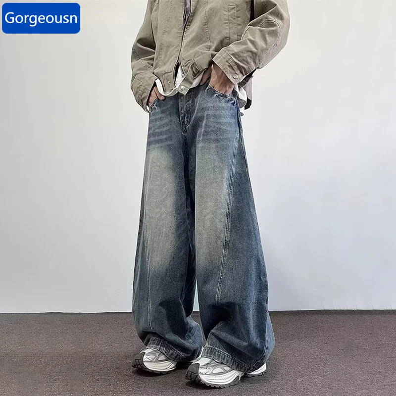 Summer Solid Color Distressed Baggy Curve Jeans Men's Y2K Streetwear Straight-L…