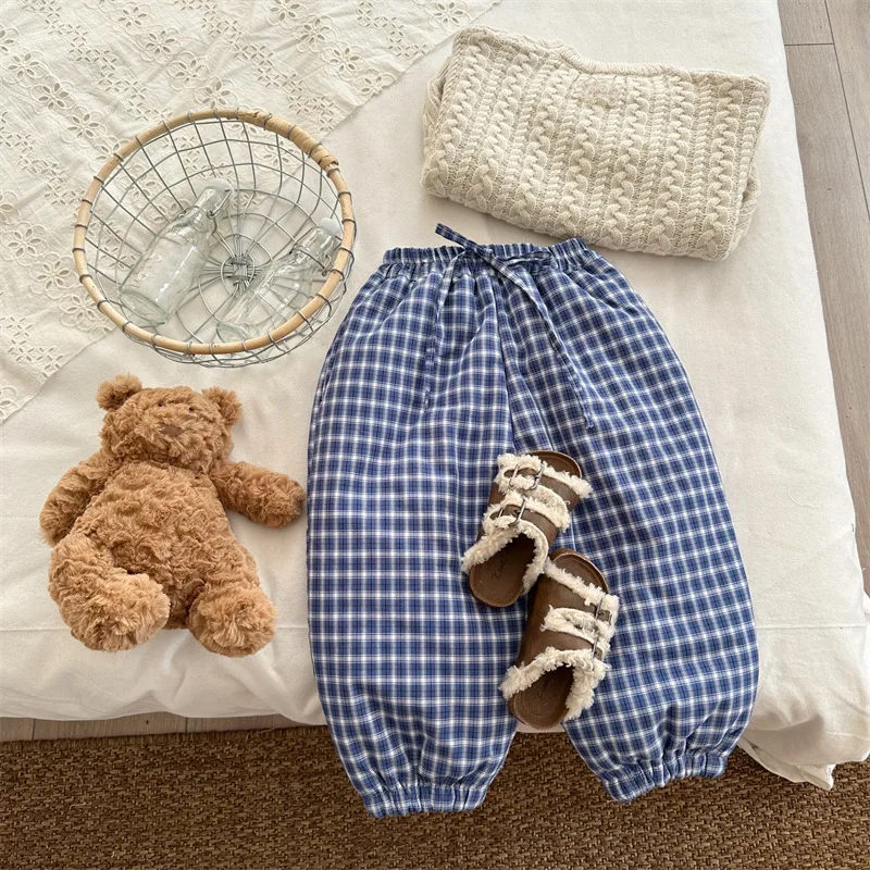 

Children Pants 2025 New Winter Korean Padded Plaid Cotton Trousers Girl Baby Strap Elastic Ankle Pants