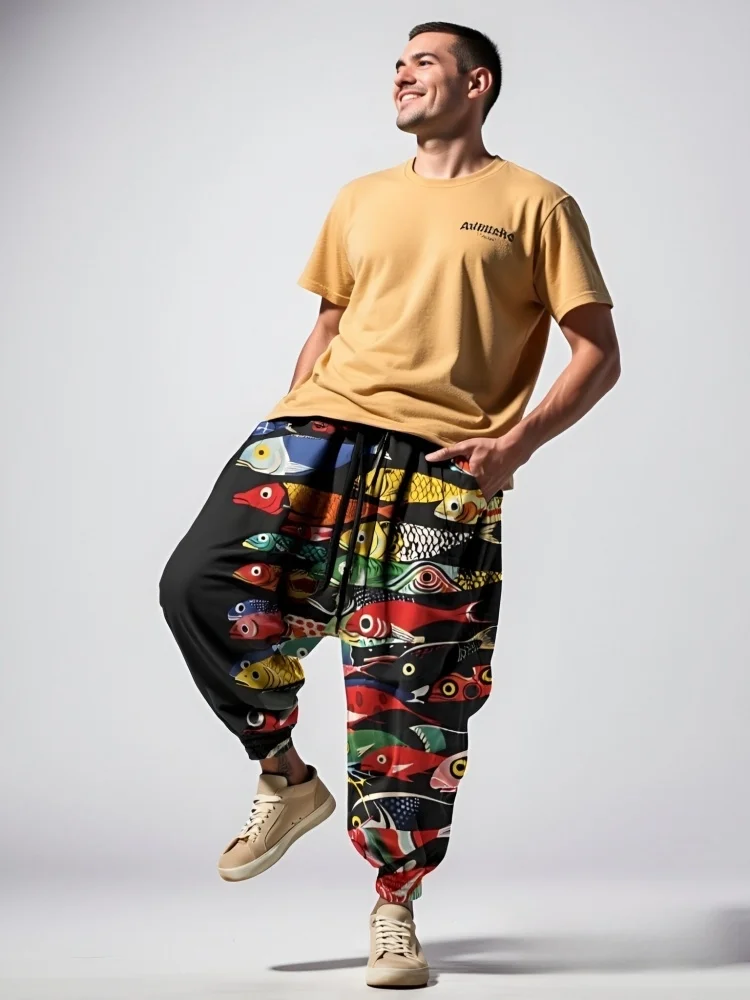 メンズ マルチカラー フィッシュプリント ルーズ ドローストリング ウエスト スウェットパンツ カジュアル エラスティック ウエスト ヴィンテージ ボトムス 2025 シック ポケット スポーツパンツ