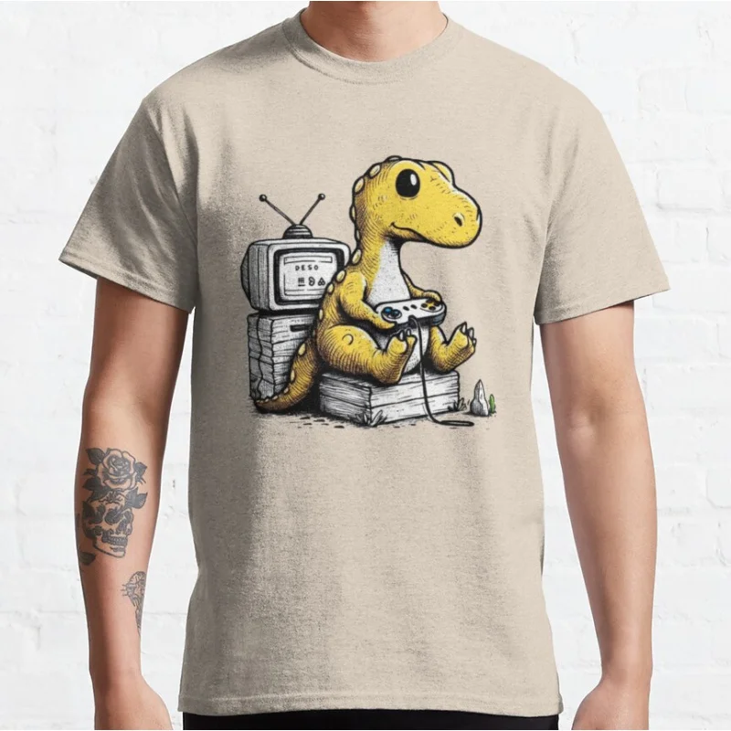 دينو ألعاب مضحك غير متصل تي ريكس 90s الكرتون بكسل لعبة فيديو ديناصور تي شيرت للرجال حجم كبير الكبار بلايز S-6xl #4