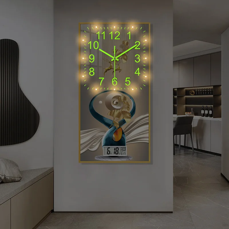 Modern crystal porcelain painting decorative wall clock home living room punch-free mute with calendar light quartz clock