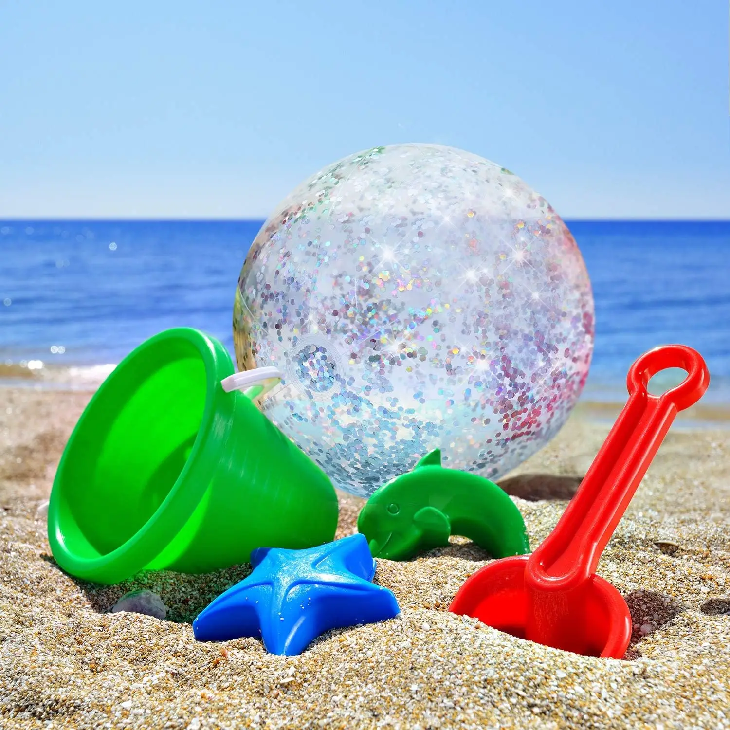 40 cm glänzender, mit Pailletten besetzter, aufblasbarer Ball, transparenter Konfetti-Ball aus PVC, wiederverwendbarer Schwimmbad-Strandball, Urlaubs-Party-Dekoration