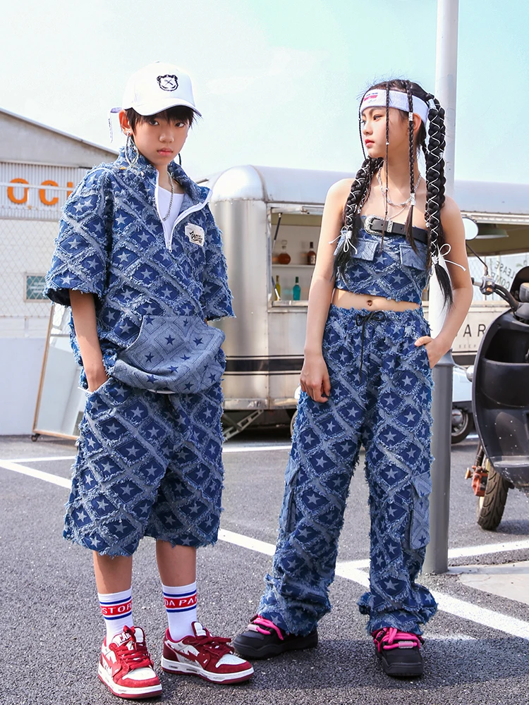 Streetwear Girls Modern Kpop Dance Costume Fashion Plaid Denim Hip Hop Clothing For Kids Jazz Performance Outfit Boys