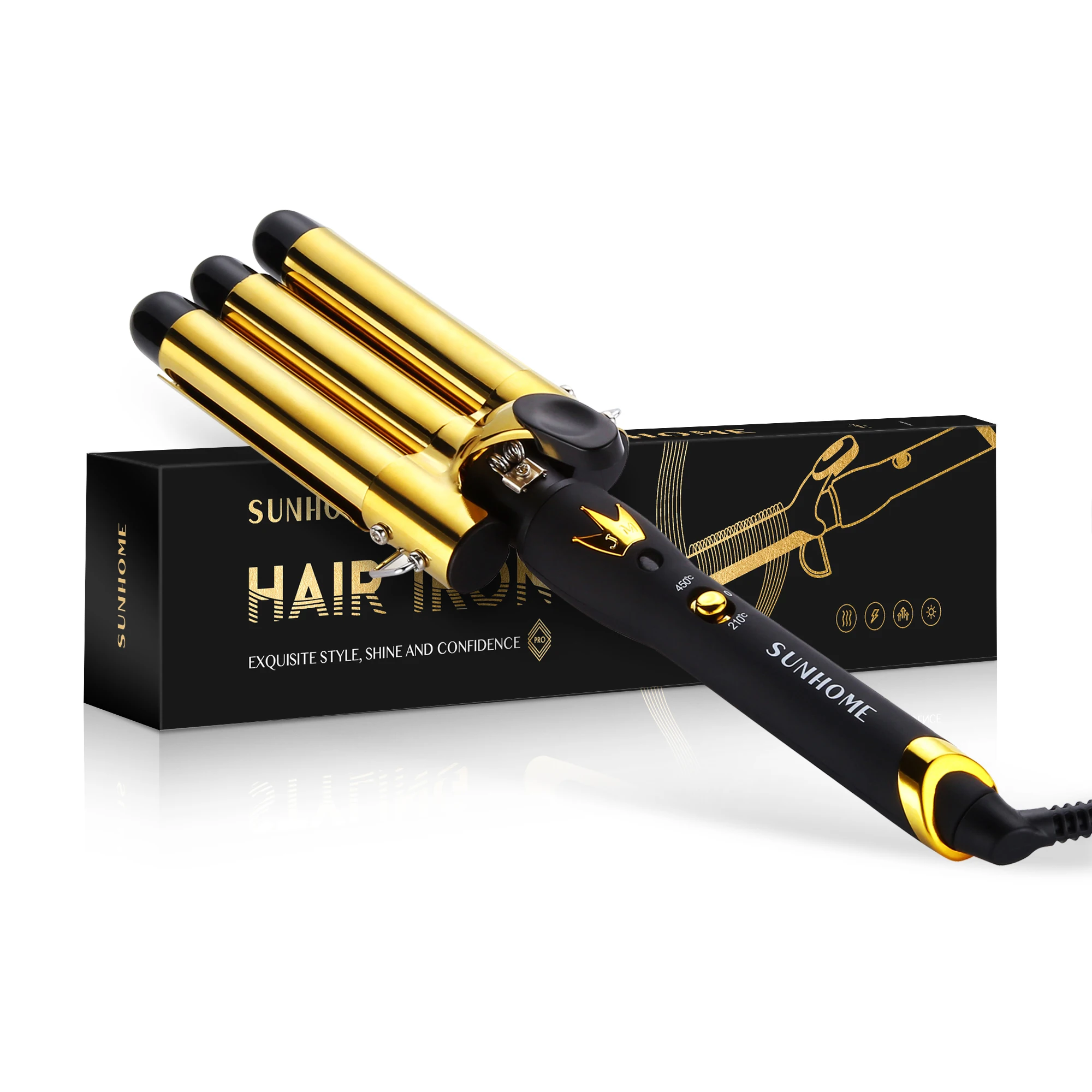 SUNHOME 3-Barrel Hair Curler Electric Iron Gold/Black