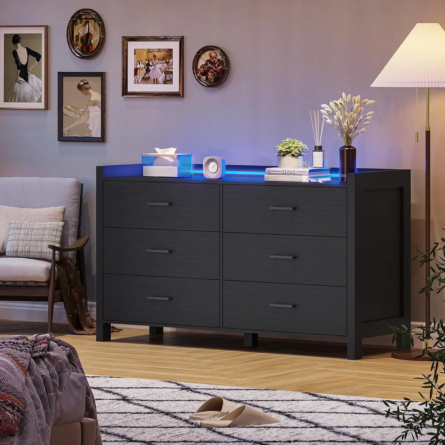 Dresser for Bedroom, 6 Drawer Double Dresser with LED Lights, Wood Chest of Drawers, Modern Storage Dresser for Bedroom, Black