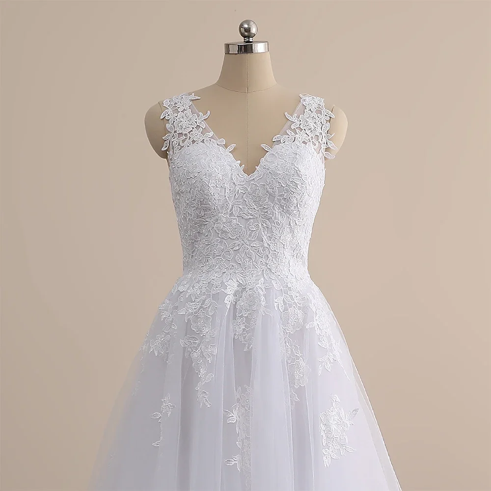 Exquisite Weiß A-linie Ärmellose V-ausschnitt Hochzeit Kleider Hohe Qualität Sweep Backless Bodenlangen Prinzessin Tüll Roben 2021 Neue